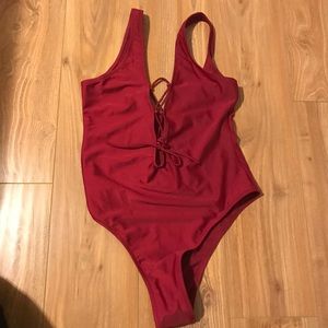 Red lace up swimsuit